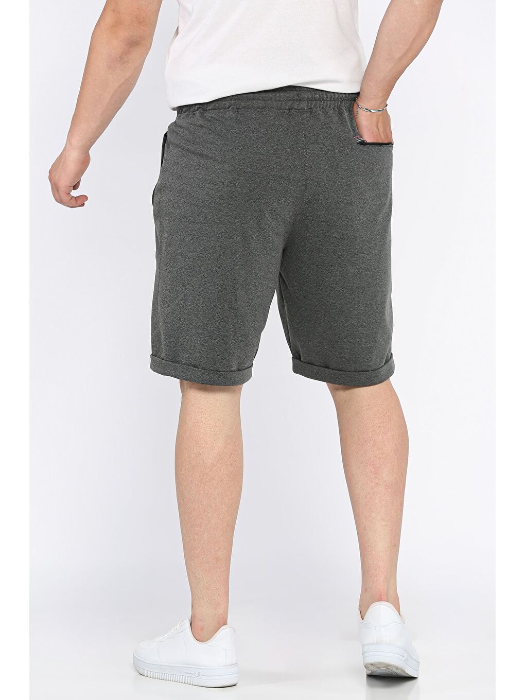 Gri Erkek Bel Lastikli Cep Fermuarlı Duble Paça Şort-2