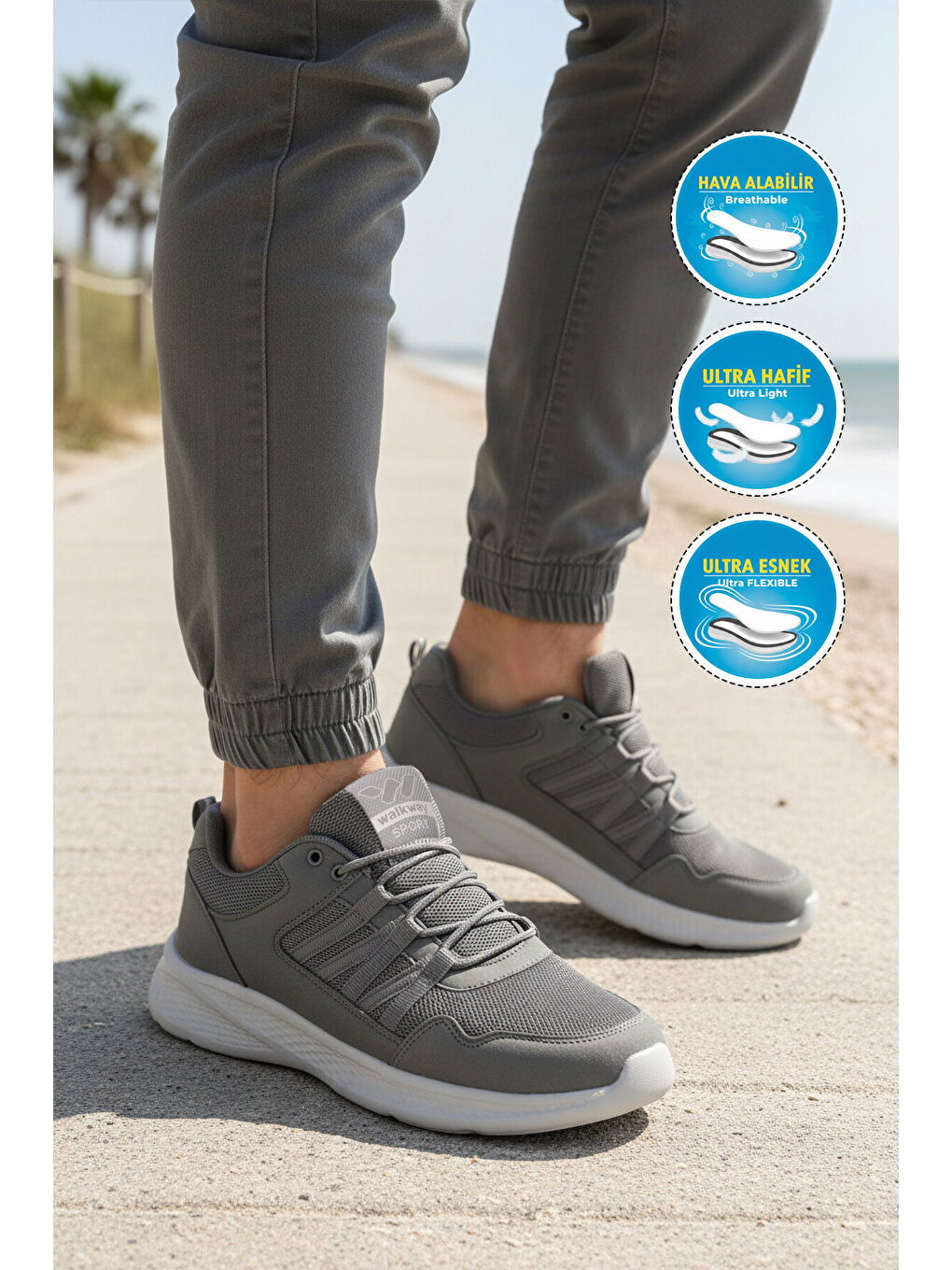 Gri Füme Fileli Hafif Bağcıklı Esnek Erkek Spor Ayakkabı 2029 M-2