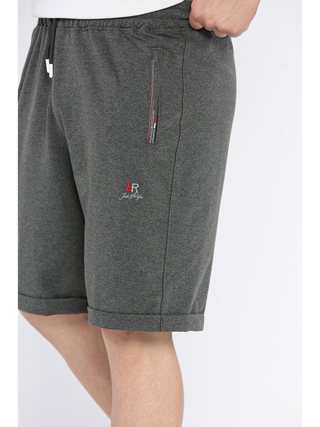 Gri Erkek Bel Lastikli Cep Fermuarlı Duble Paça Şort-3