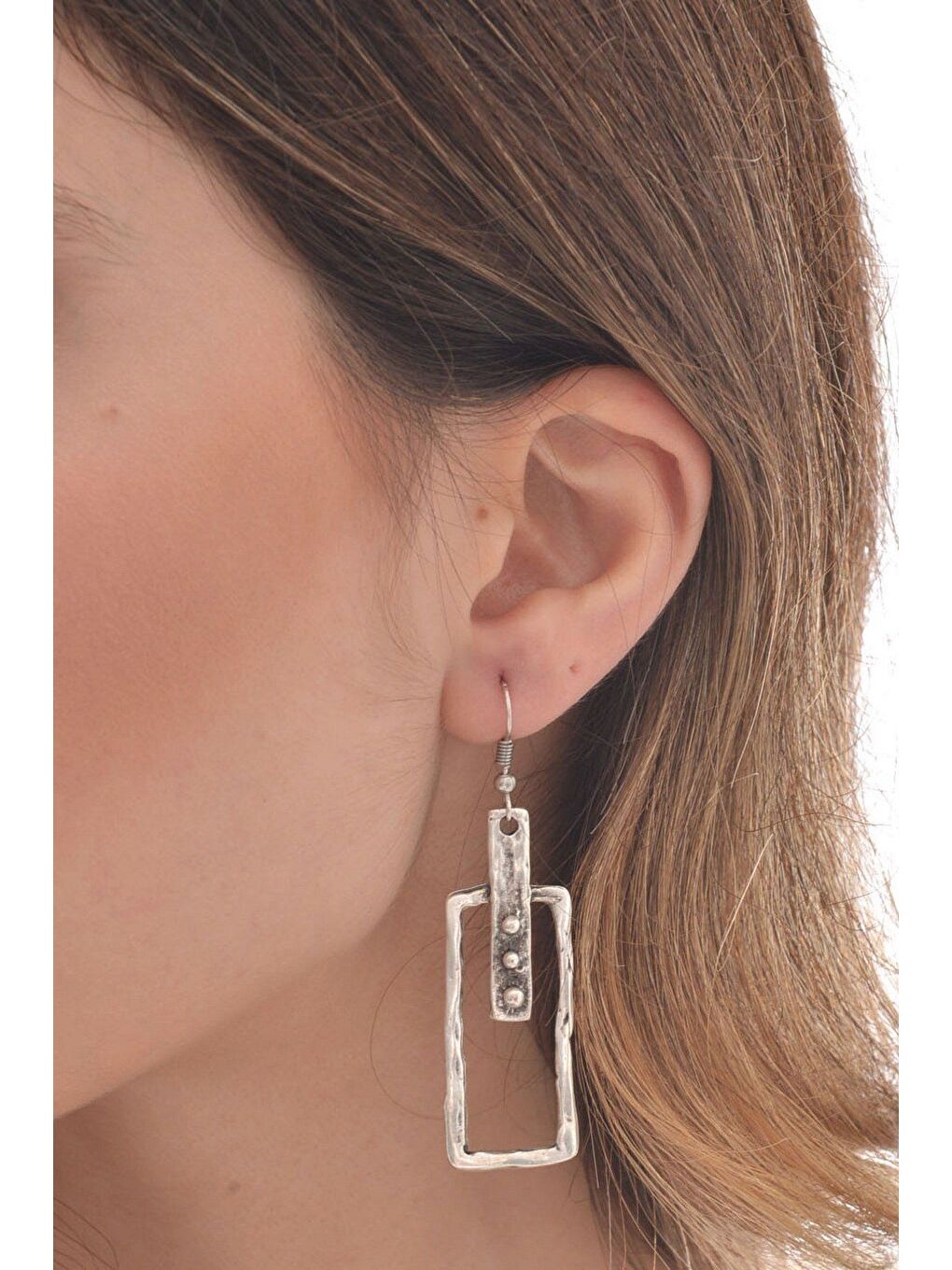 Gri Kadın Antik Gümüş Kaplama Sallantılı Bohem Küpe-3