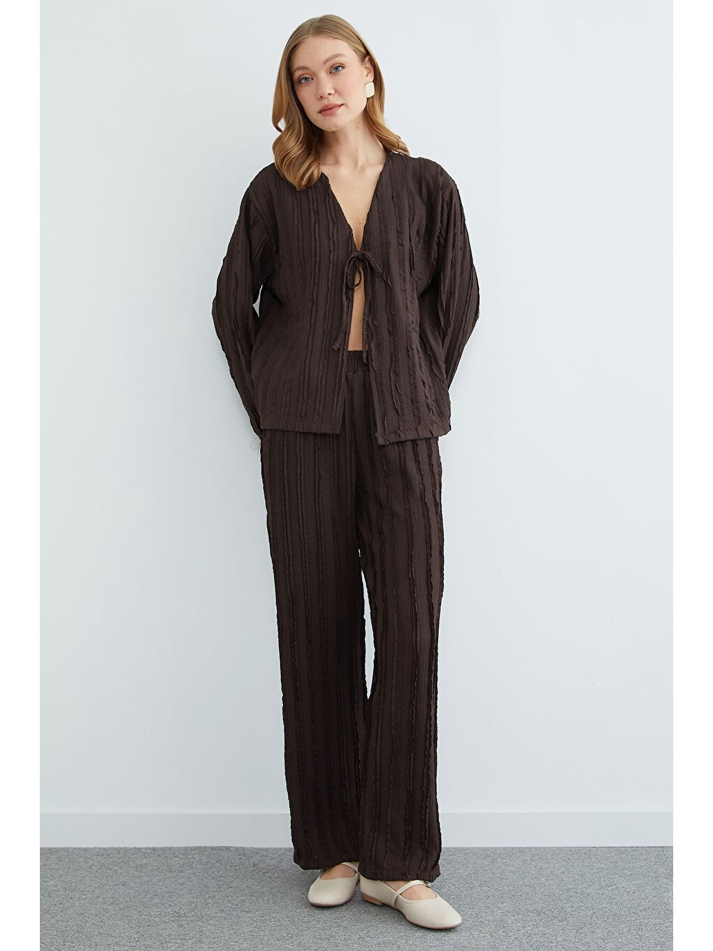 Kahverengi Önden Bağlamalı Krep Kumaş 2 Li Takım-4