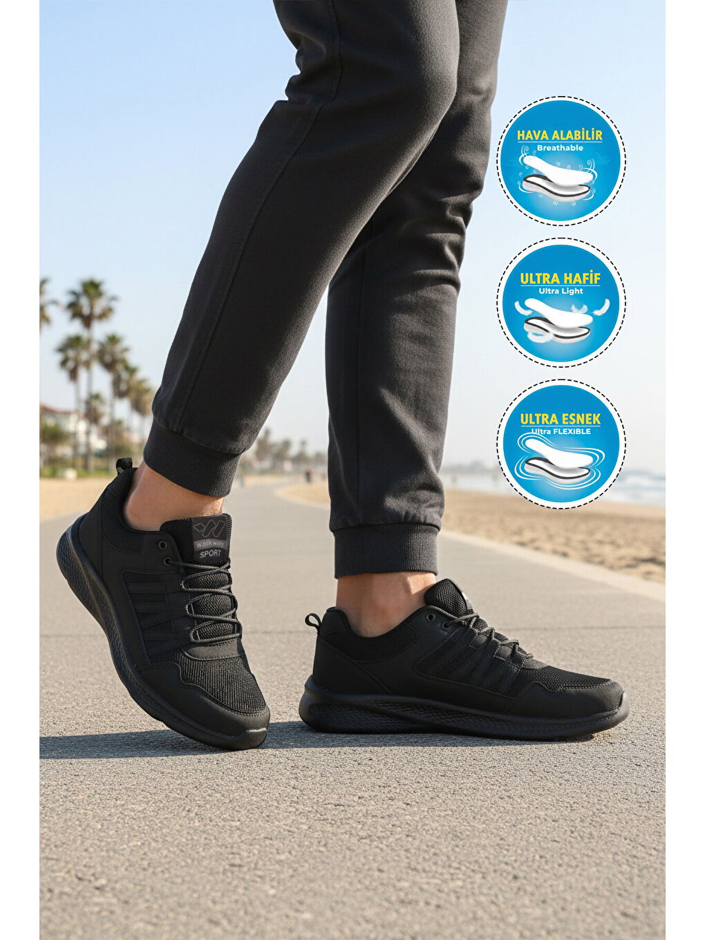 Siyah Fileli Hafif Bağcıklı Esnek Erkek Spor Ayakkabı 2029 M-2