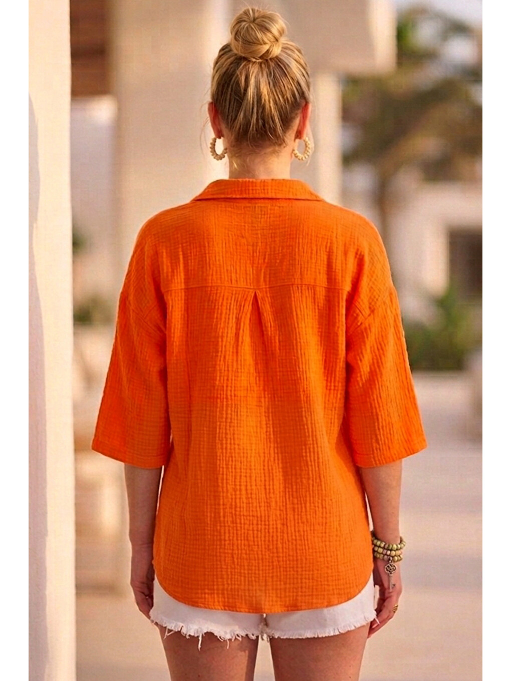 Turuncu Gömlek Yaka Düğmeli 3/4 Kol Casual Müslin Oversize Dokuma 67 55-7