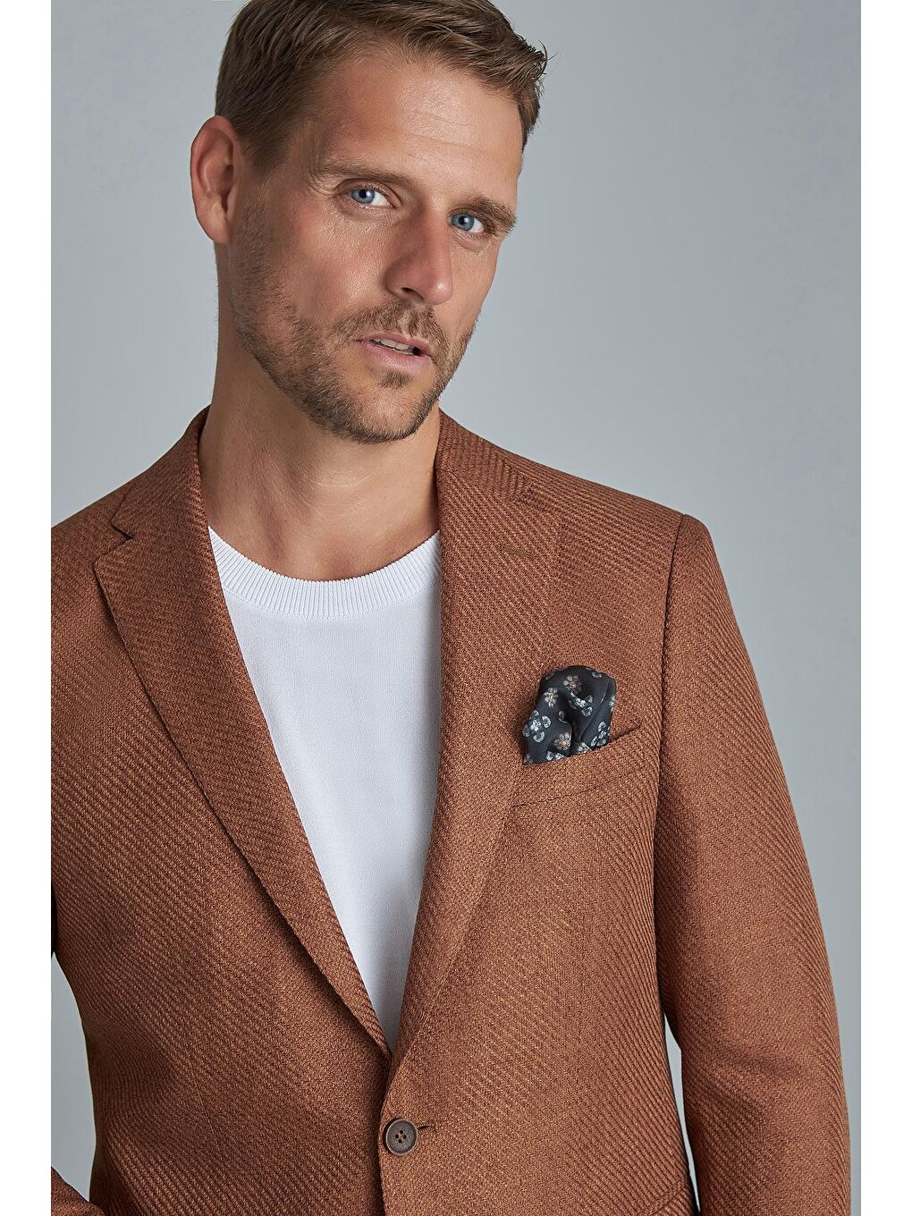 Kahverengi Erkek Kiremit Slim Fit / Dar Kalıp Mono Yaka Ceket-2