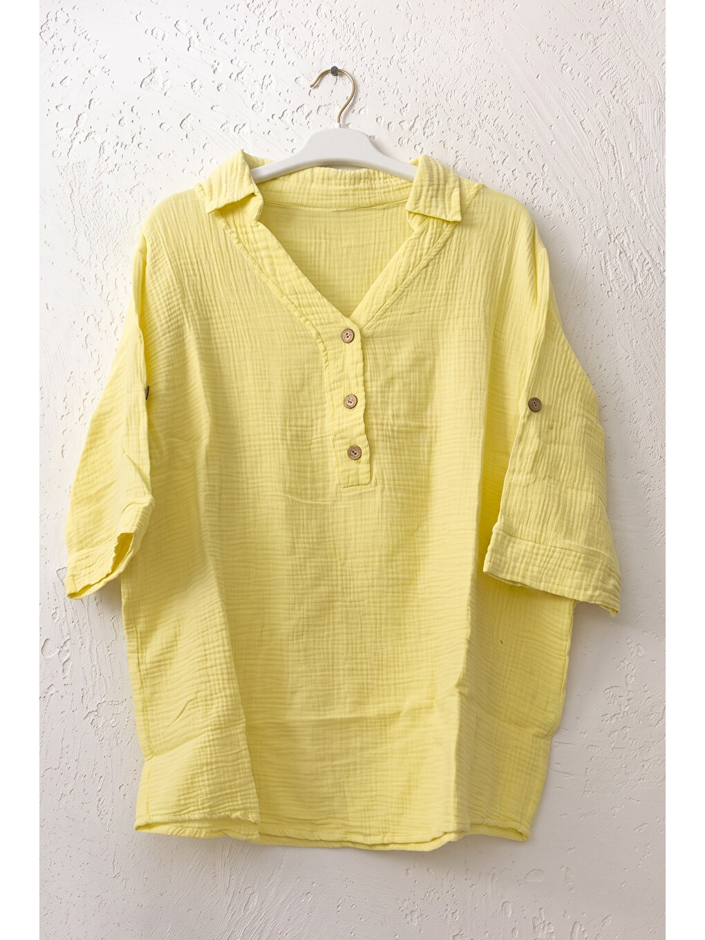 Sarı Gömlek Yaka Düğmeli 3/4 Kol Casual Müslin Oversize Dokuma 67 67-1