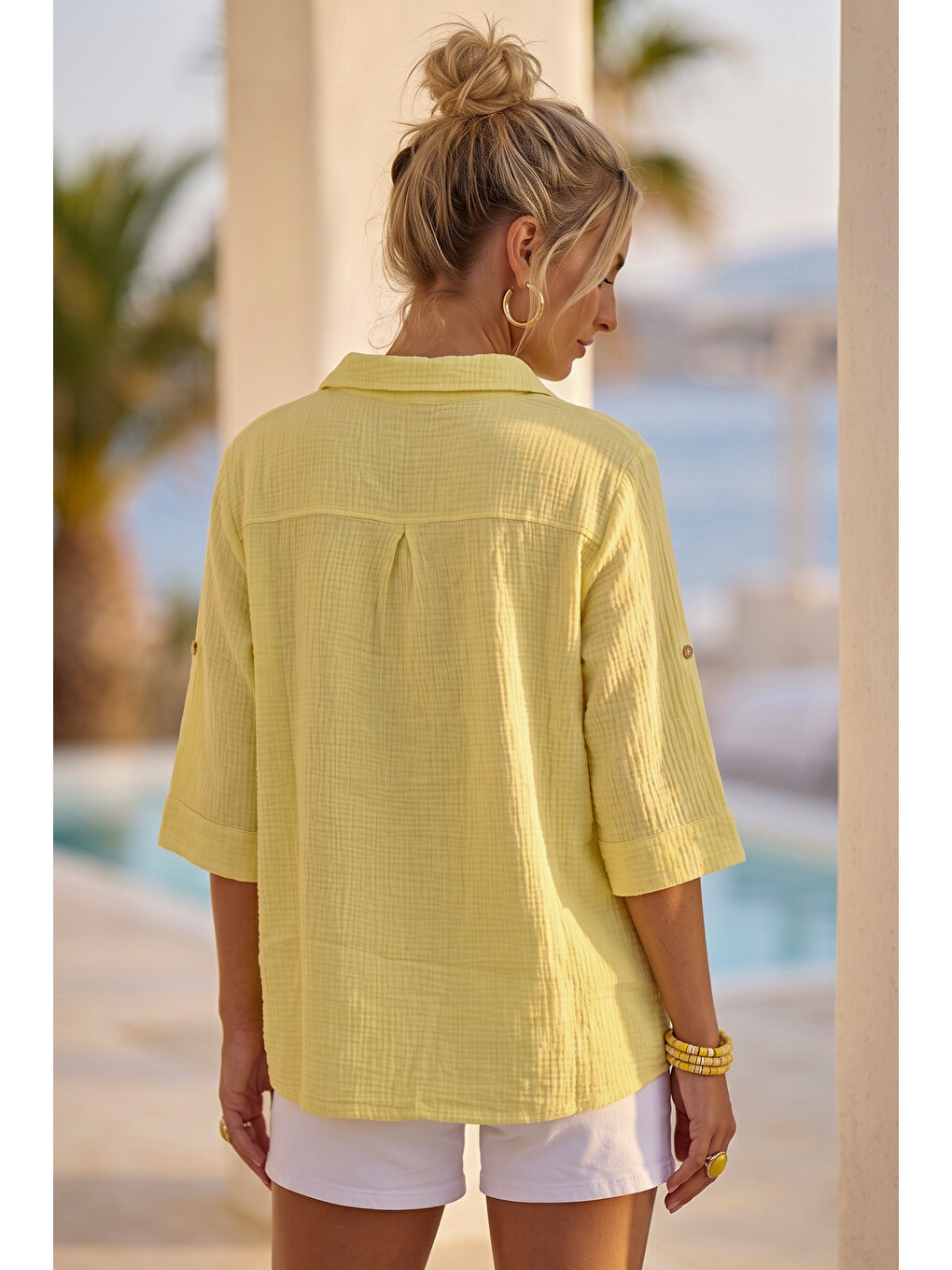 Sarı Gömlek Yaka Düğmeli 3/4 Kol Casual Müslin Oversize Dokuma 67 67-2