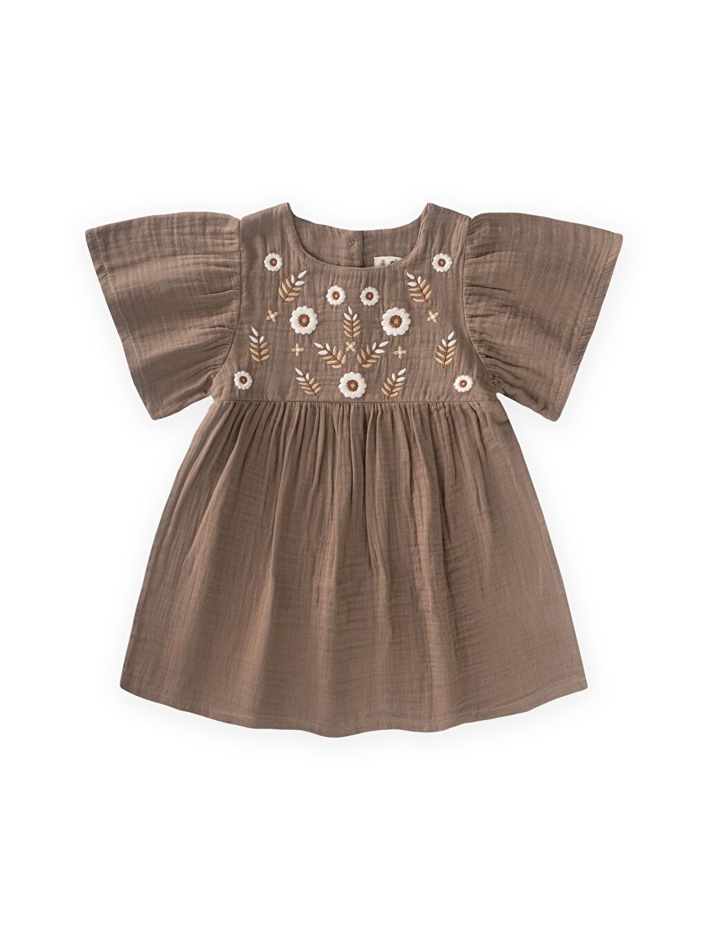Bej Çiçek Nakışlı Kelebek Kol Elbise 2-8 Yaş Vizon