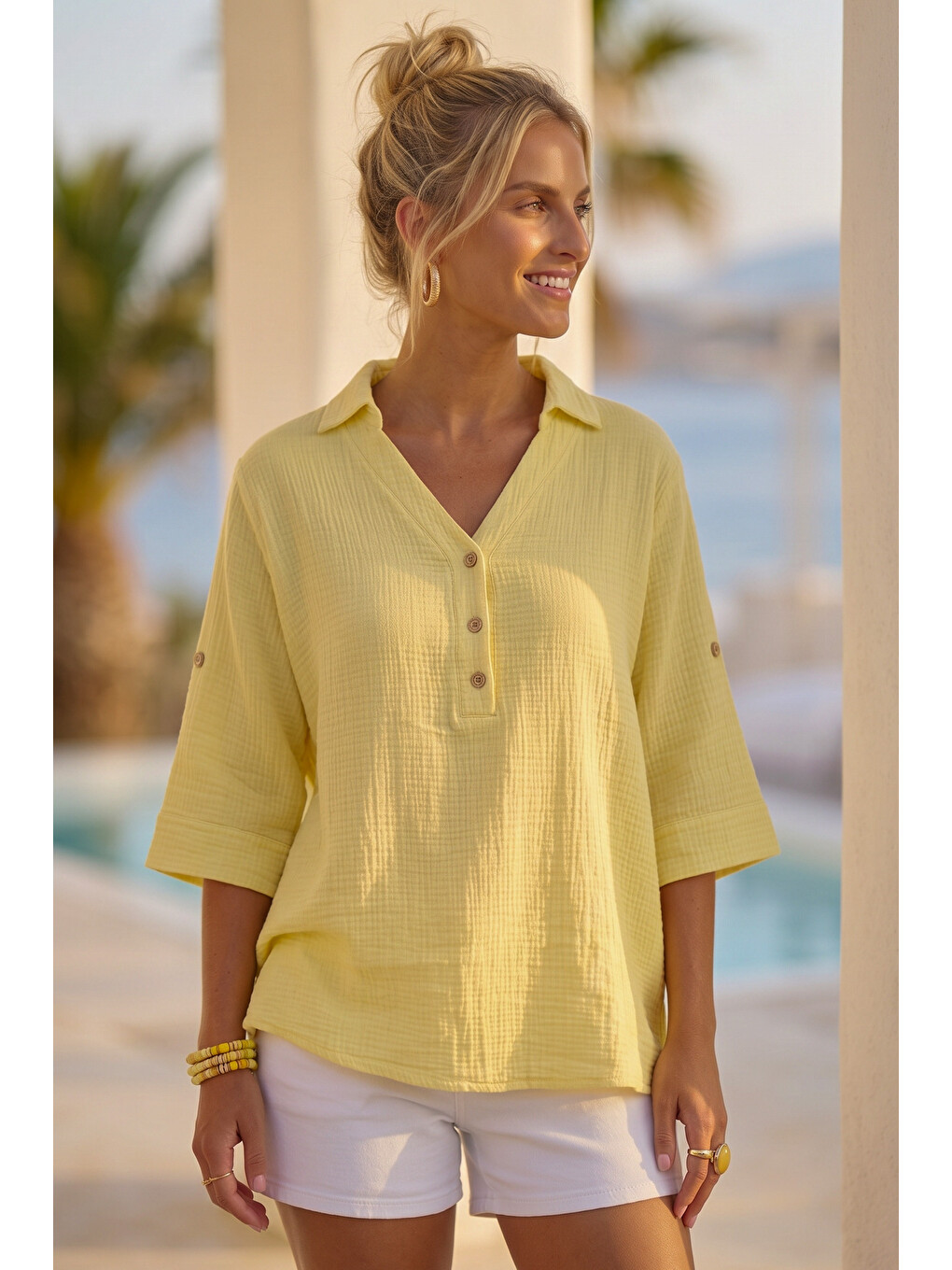 Sarı Gömlek Yaka Düğmeli 3/4 Kol Casual Müslin Oversize Dokuma 67 67-4
