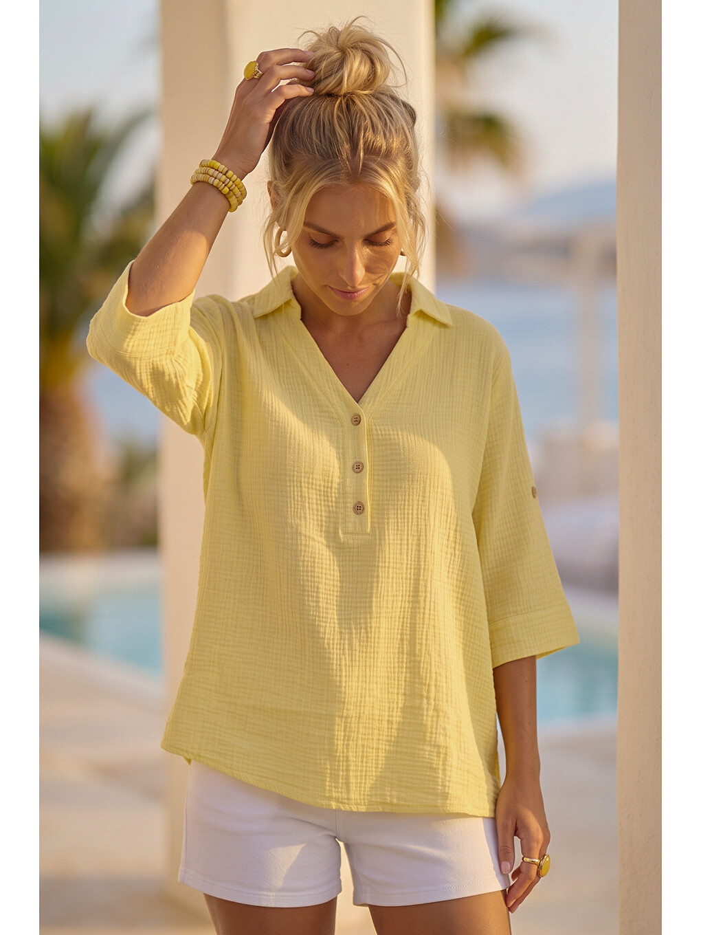 Sarı Gömlek Yaka Düğmeli 3/4 Kol Casual Müslin Oversize Dokuma 67 67-5