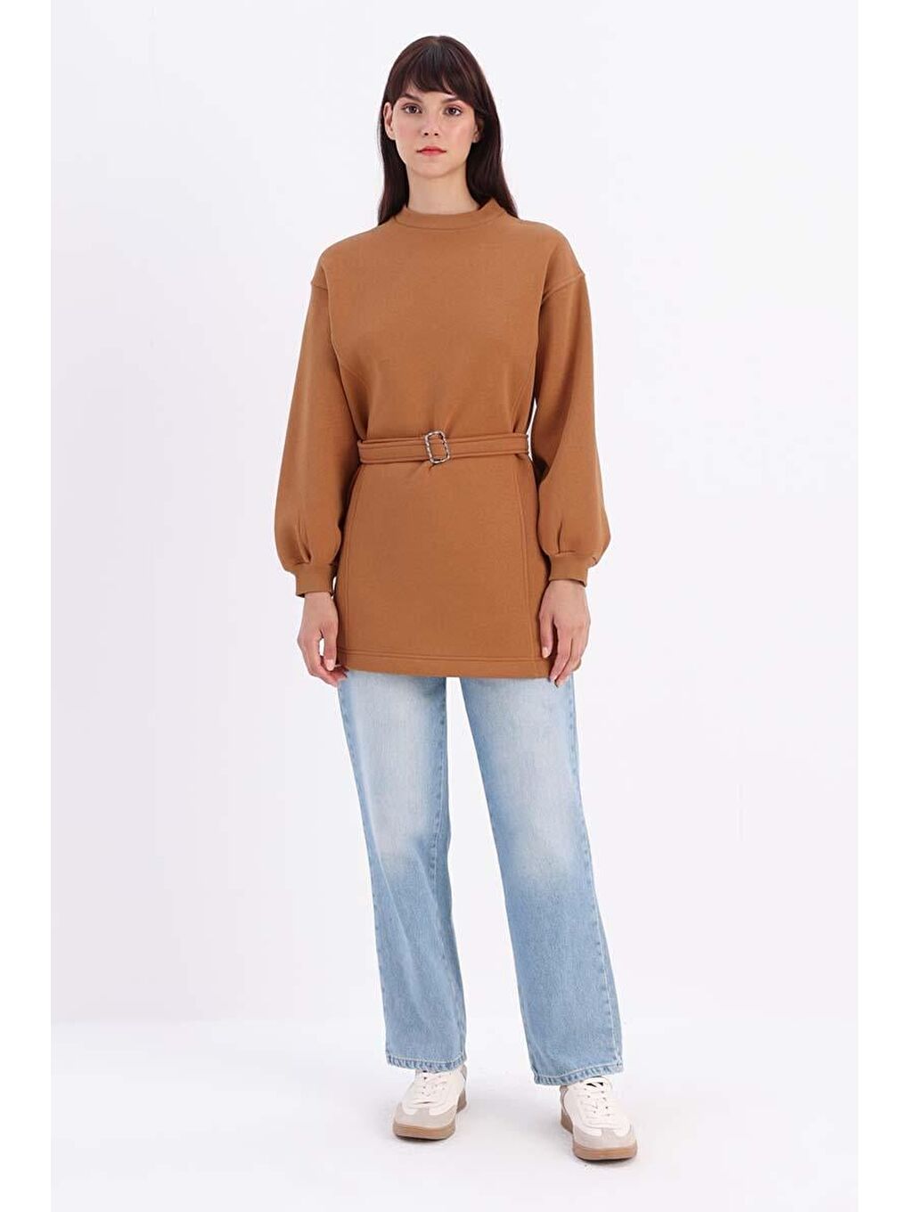 Kahverengi Kiremit-Pamuklu Kuşaklı Sweat Tunik-1