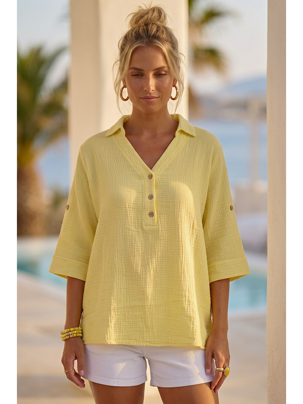 Sarı Gömlek Yaka Düğmeli 3/4 Kol Casual Müslin Oversize Dokuma 67 67-6
