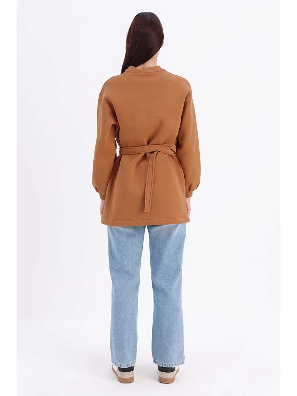 Kahverengi Kiremit-Pamuklu Kuşaklı Sweat Tunik-2