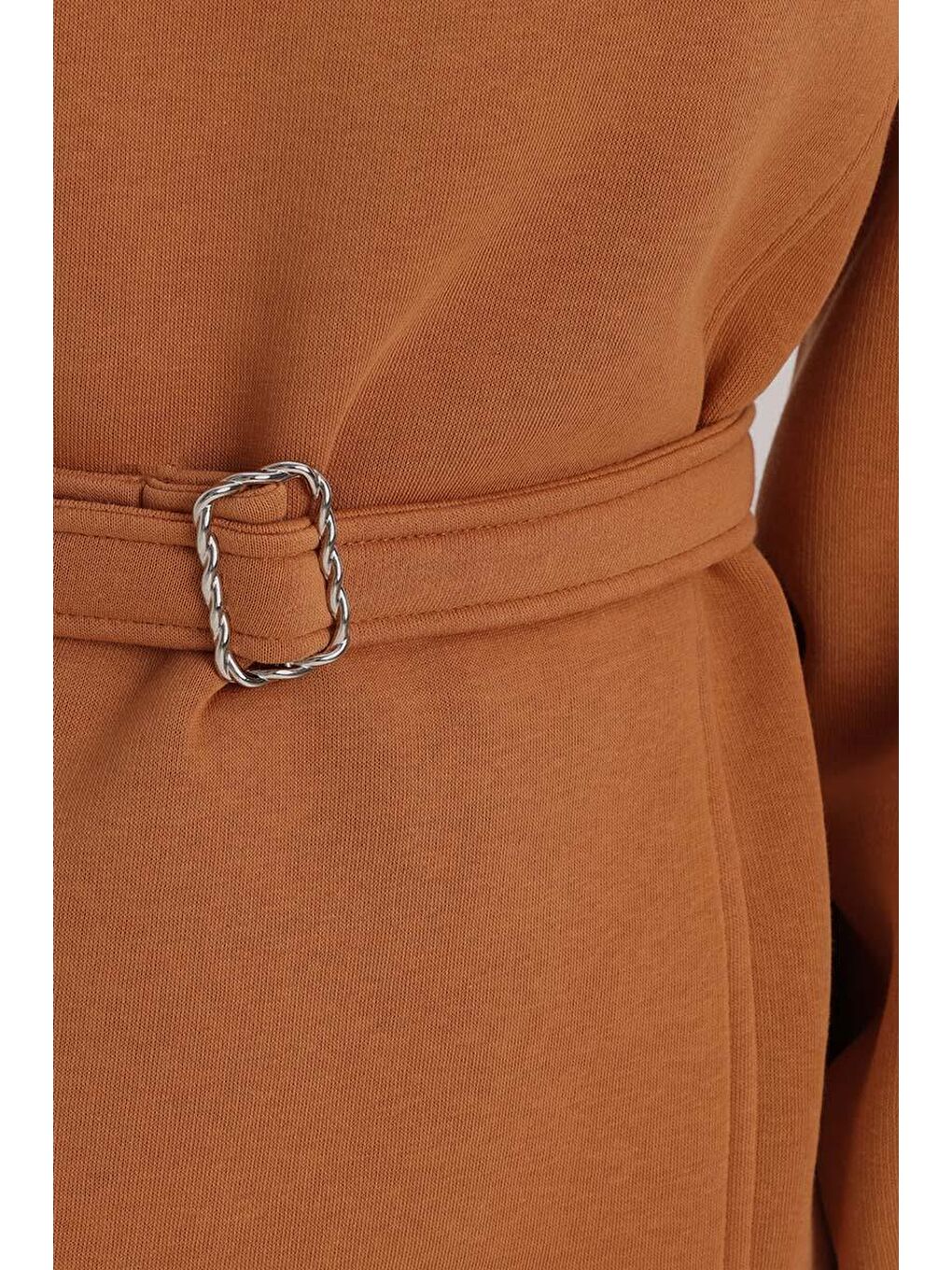 Kahverengi Kiremit-Pamuklu Kuşaklı Sweat Tunik-3