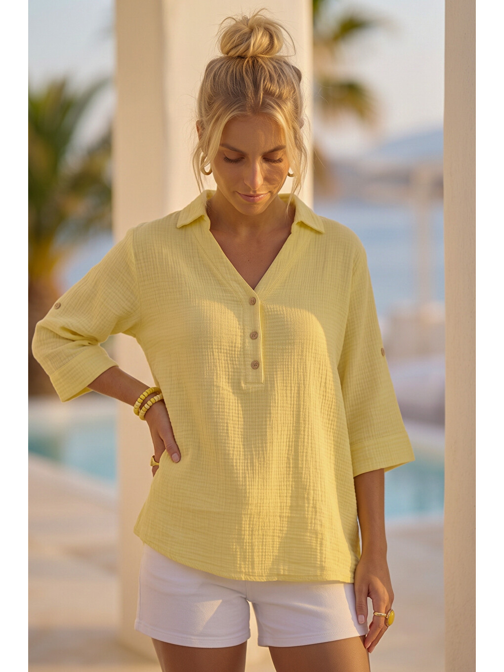 Sarı Gömlek Yaka Düğmeli 3/4 Kol Casual Müslin Oversize Dokuma 67 67-7