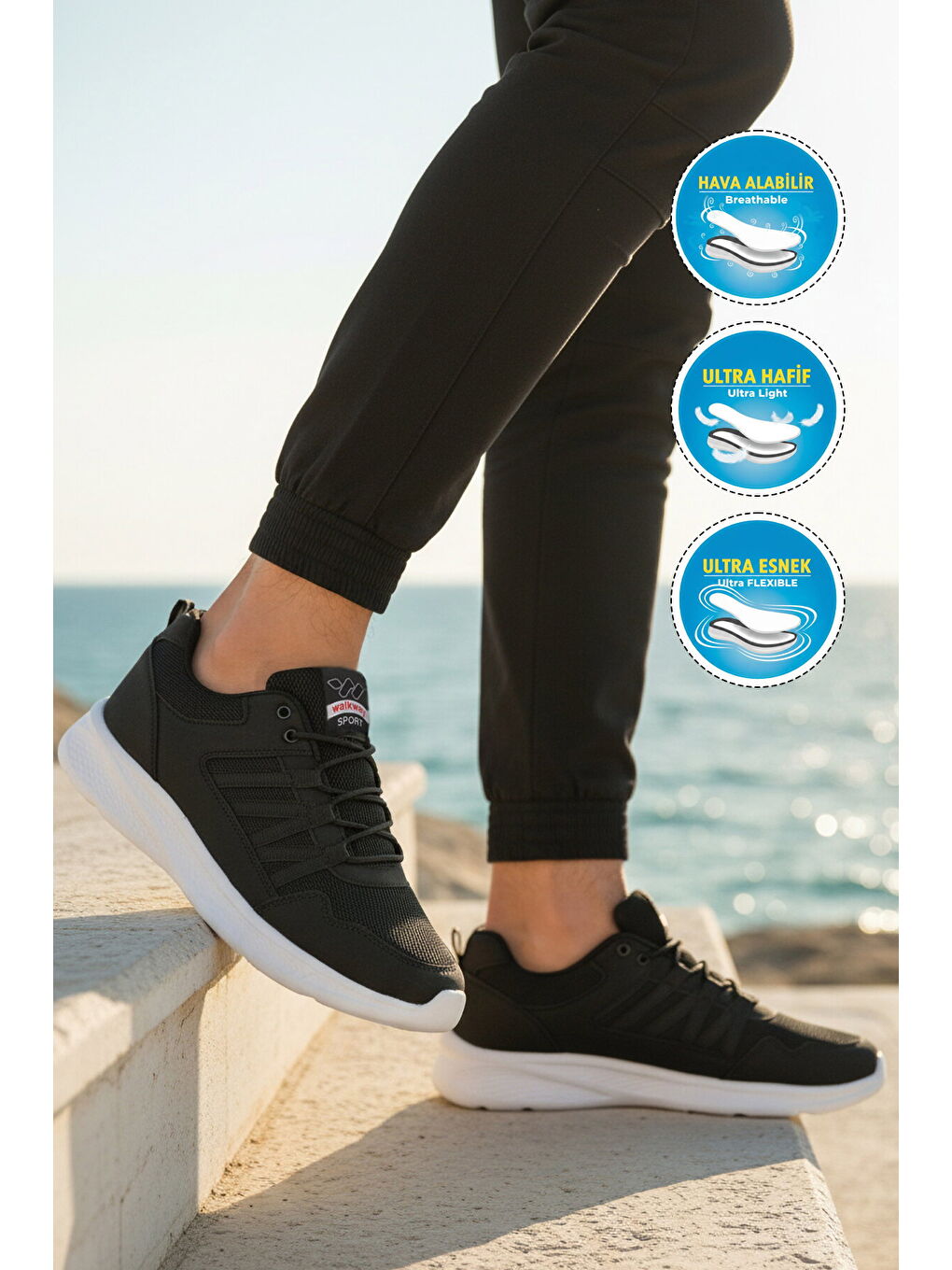 Siyah Beyaz Fileli Hafif Bağcıklı Esnek Erkek Spor Ayakkabı 2029 M-2