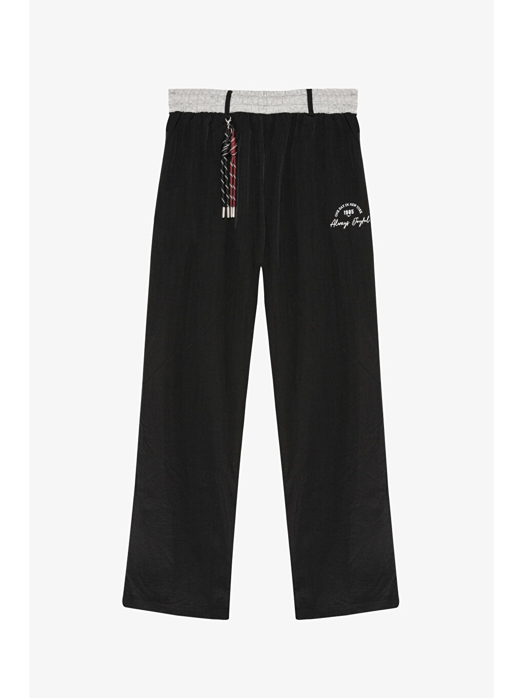 Kontrast Kumaş Garnili Nakışlı Beli Lastikli Pantolon Siyah