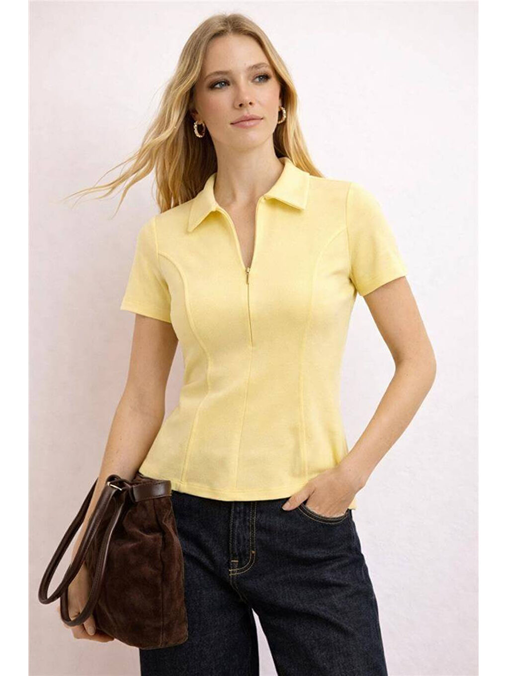 Sarı Pamuklu Fermuarlı Polo Yaka Kadın T Shirt 26Y0332K1-1