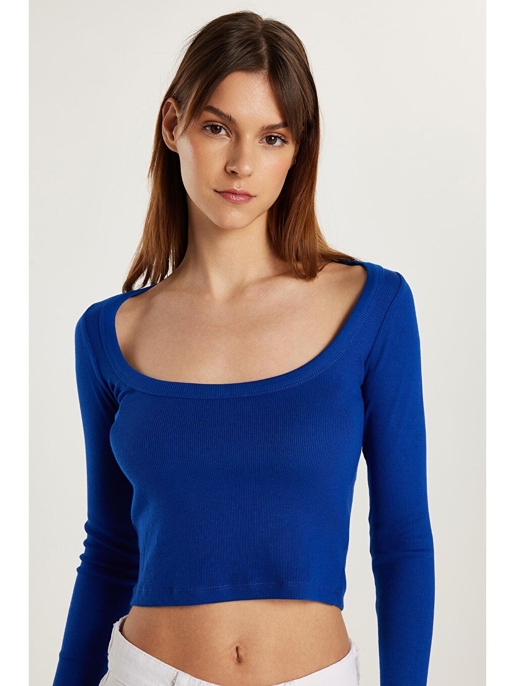 Kadın Modal Kumaş Slim Fit Dar Kesim Kare Yaka Mavi Bluz