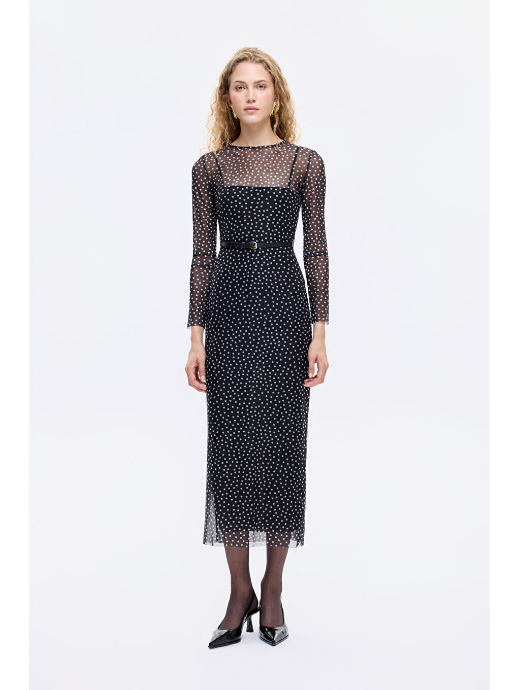 Kemer Aksesuarlı Puantiyeli Transparan Midi Elbise Siyah