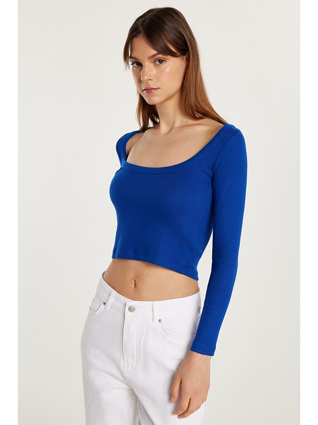 Kadın Modal Kumaş Slim Fit Dar Kesim Kare Yaka Mavi Bluz-1