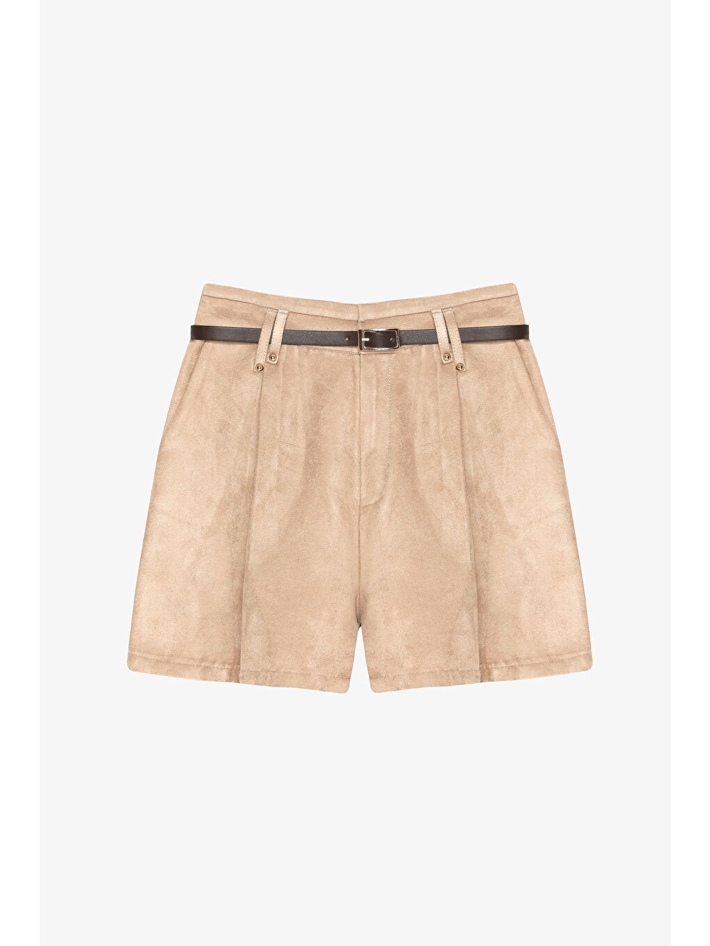 Süet Görünümlü Kemer Aksesuarlı Mini Şort Bej-1