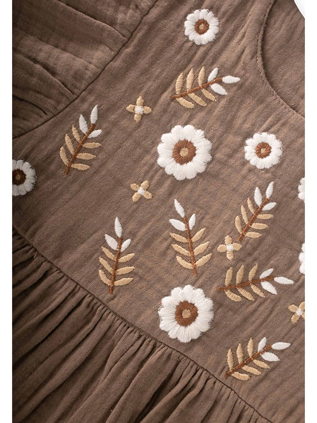 Bej Çiçek Nakışlı Kelebek Kol Elbise 2-8 Yaş Vizon-2