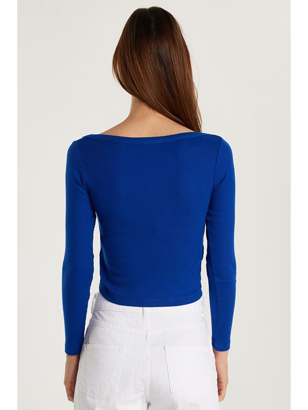 Kadın Modal Kumaş Slim Fit Dar Kesim Kare Yaka Mavi Bluz-4