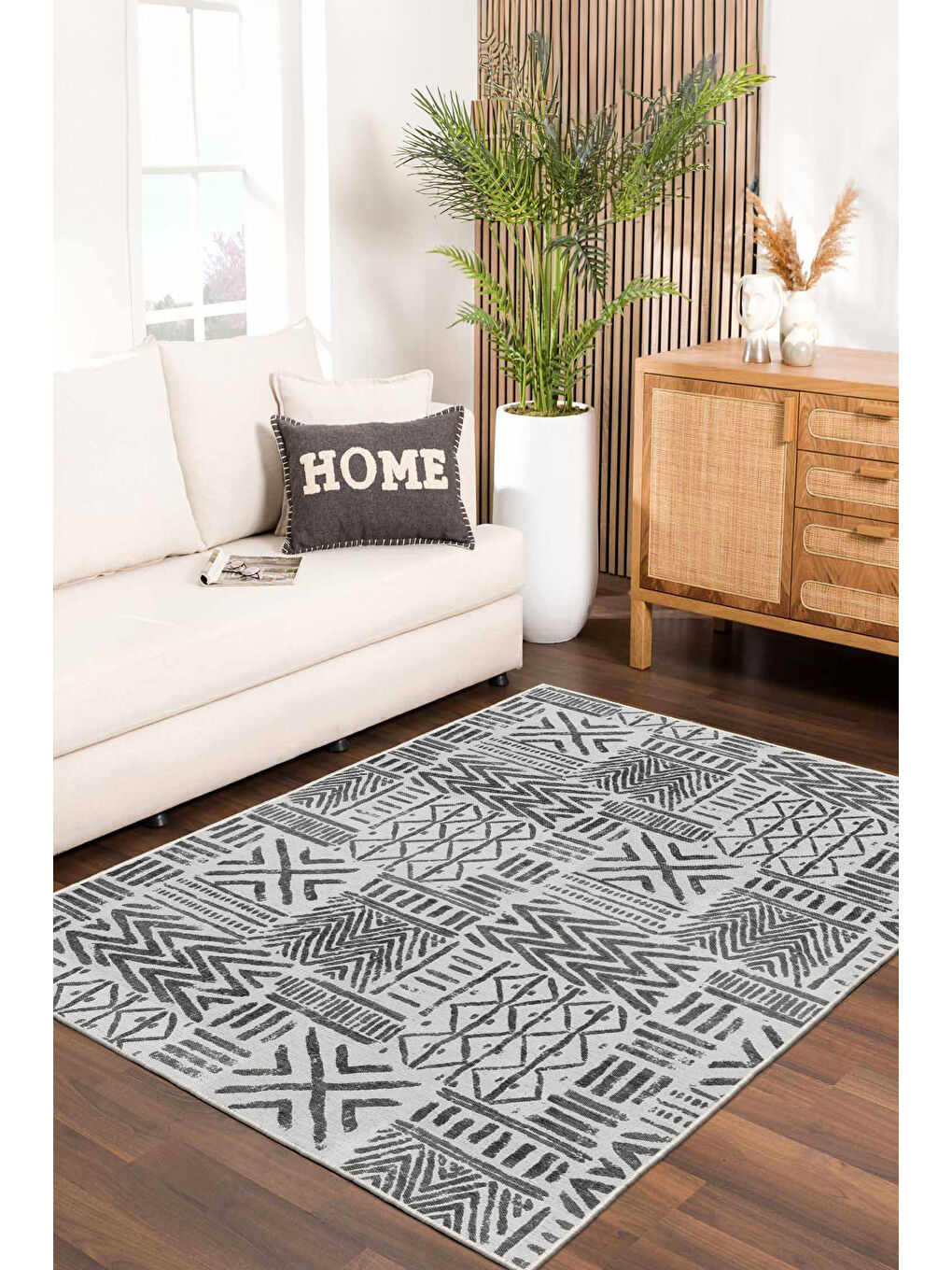 Gri Dekoratif Özel Tasarım Yıkanabilir İnce Kaymaz Tabanlı Modern Halı KECE FR48-1