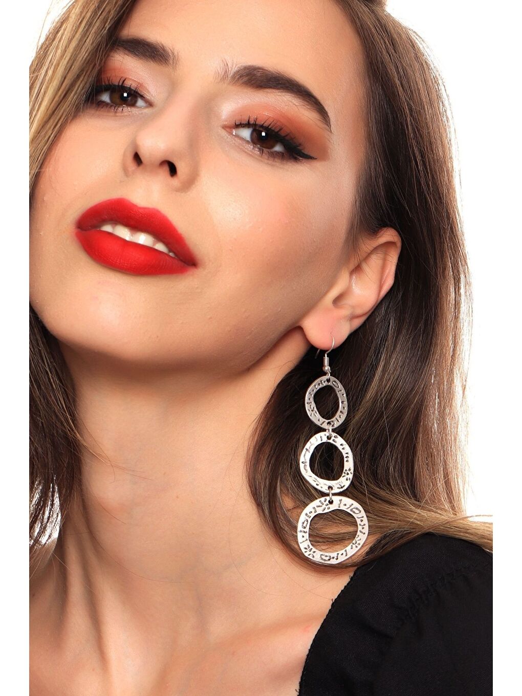 Gri Kadın Antik Gümüş Kaplama Sallantılı Baskılı 3'lü Dairesel Küpe-2