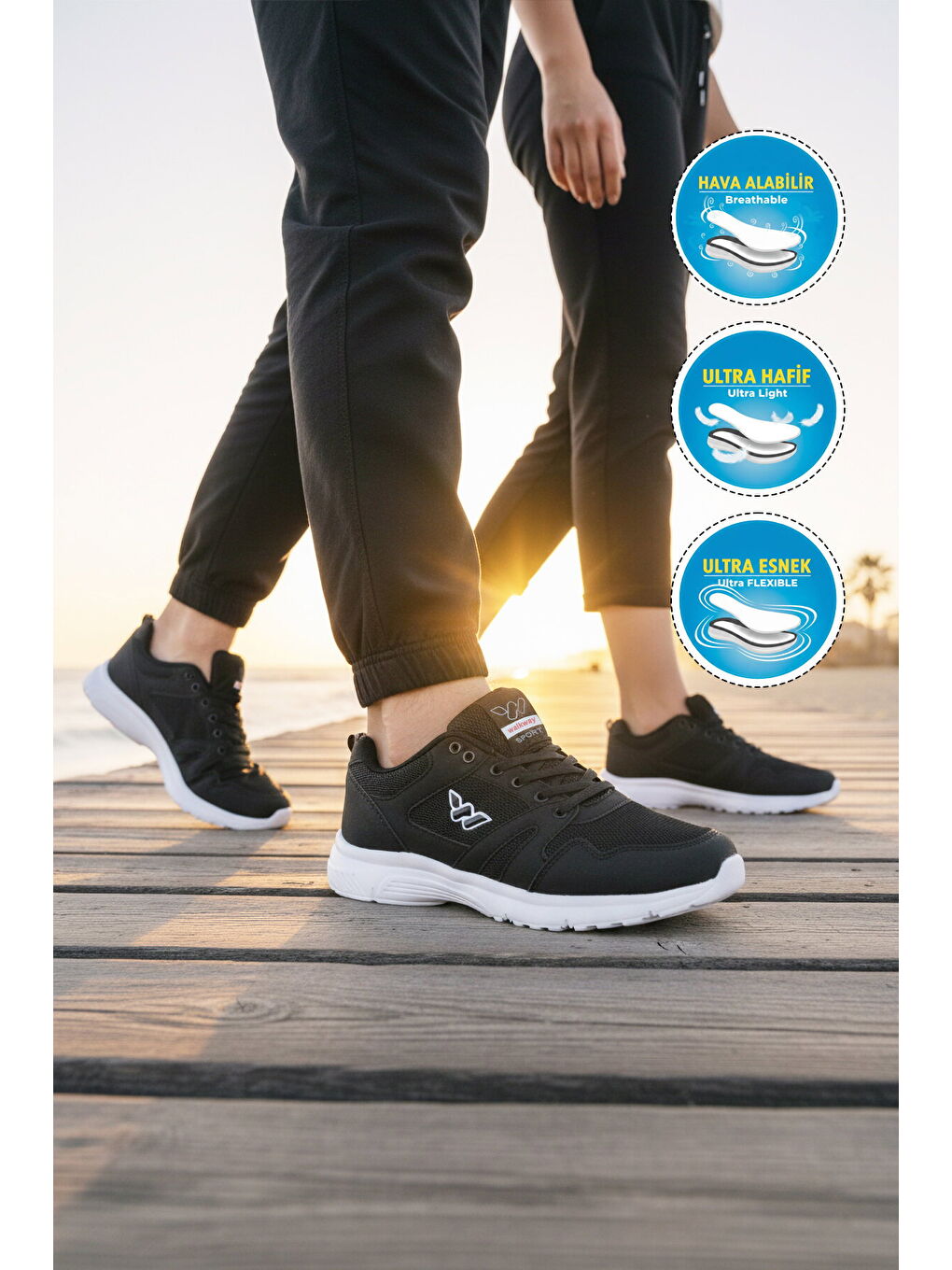 Siyah Beyaz Fileli Hafif Bağcıklı Esnek Unisex Spor Ayakkabı 020 G-2