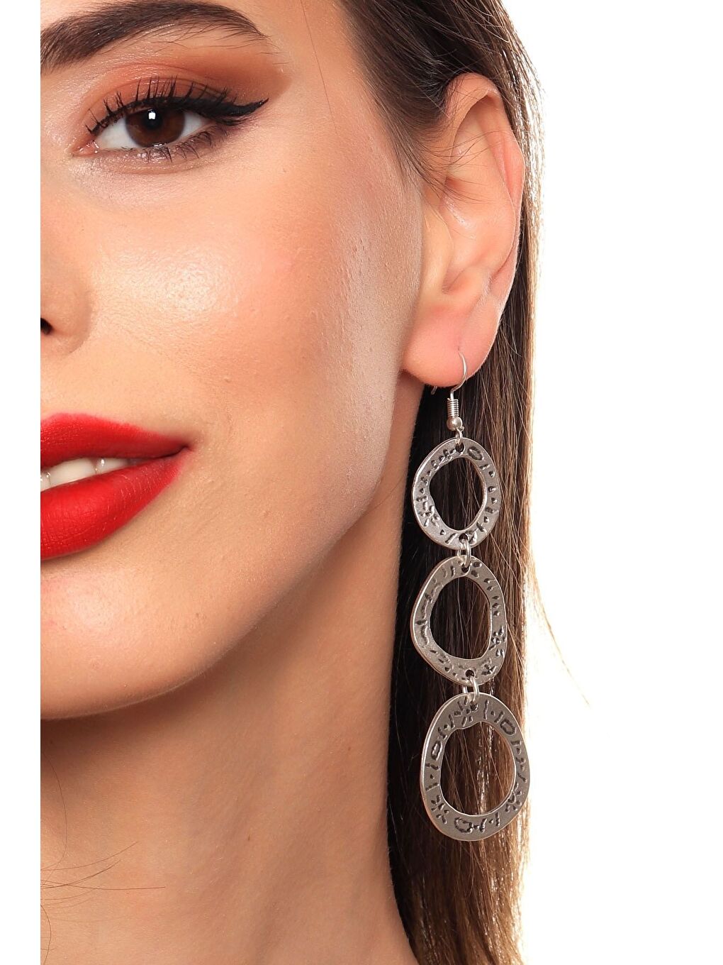 Gri Kadın Antik Gümüş Kaplama Sallantılı Baskılı 3'lü Dairesel Küpe-3