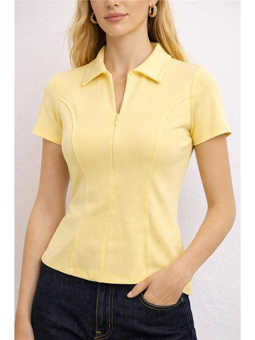 Sarı Pamuklu Fermuarlı Polo Yaka Kadın T Shirt 26Y0332K1-2