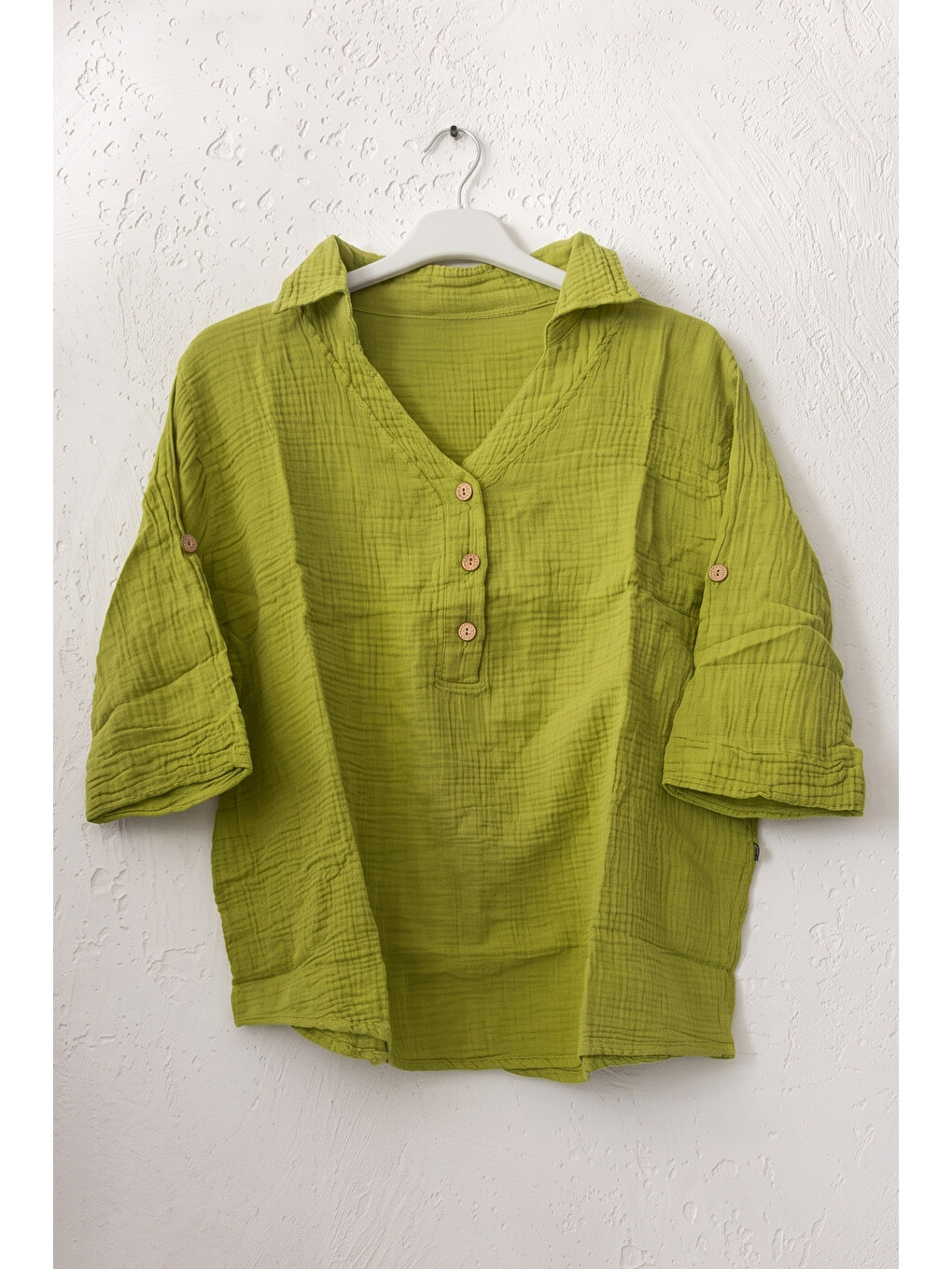 Yeşil Zeytuni Gömlek Yaka Düğmeli 3/4 Kol Casual Müslin Oversize Dokuma 67 67-1