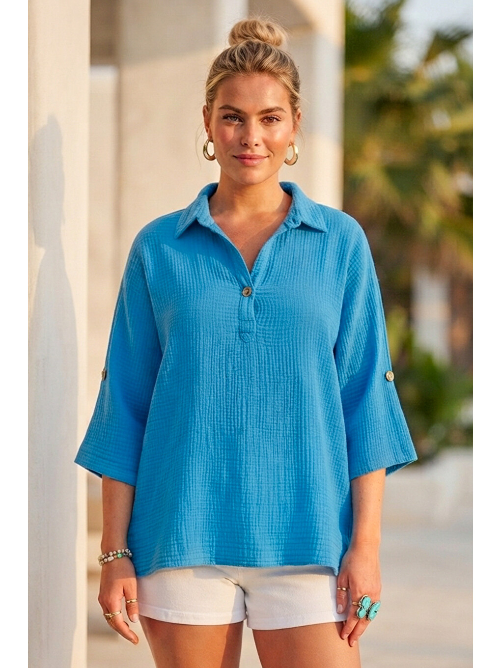 Mavi Gömlek Yaka Düğmeli 3/4 Kol Casual Müslin Oversize Dokuma 67 55