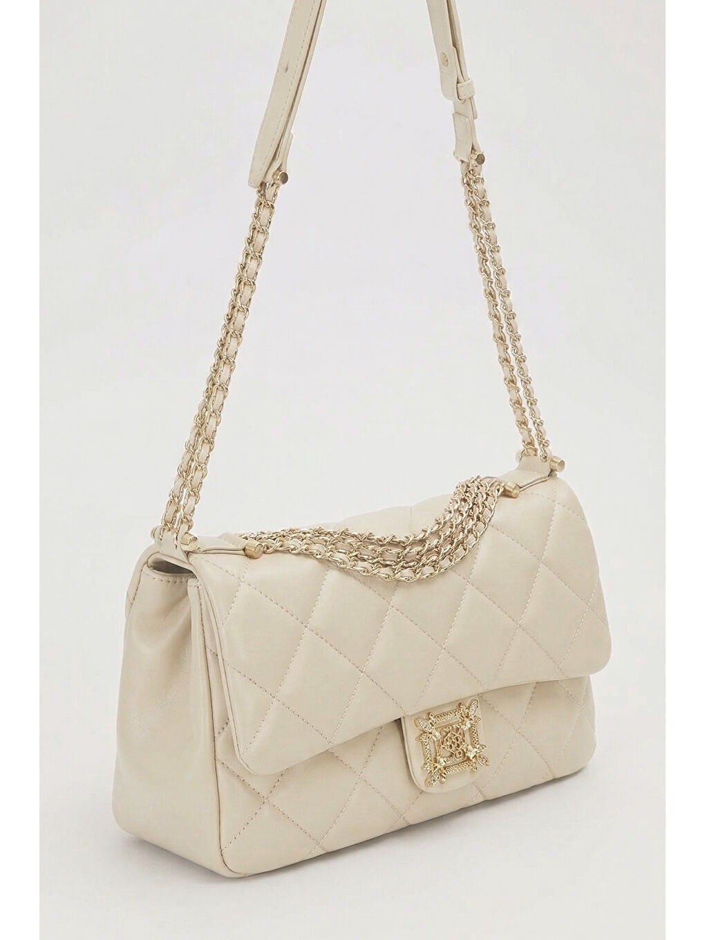 Ekru Zincir Detay Büyük Göz Deri Çanta 930864 Krem-1