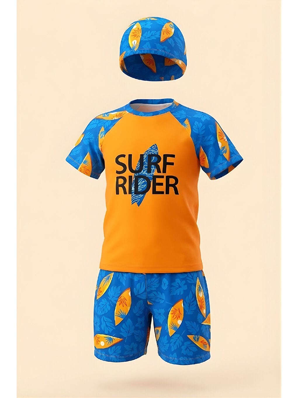 Turuncu Erkek Çocuk 3'lü Mayo Takımı (Şort+Üst Mayo+Bone) 3-12 Yaş 12593B