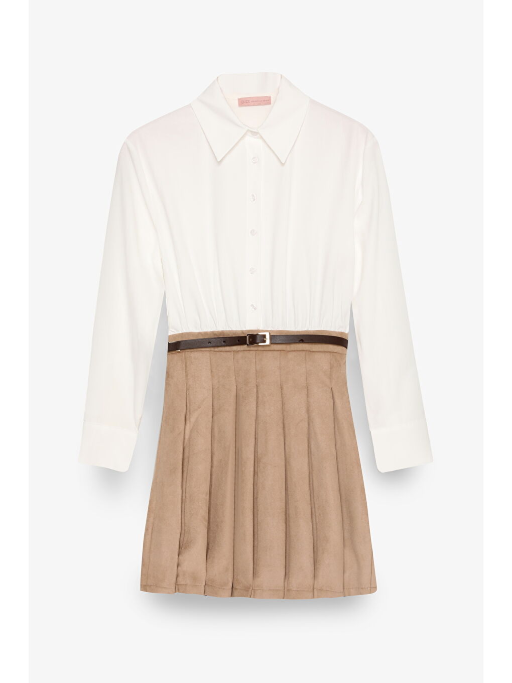 Süet Etek Garnili Kemer Aksesuarlı Mini Elbise Bej-1