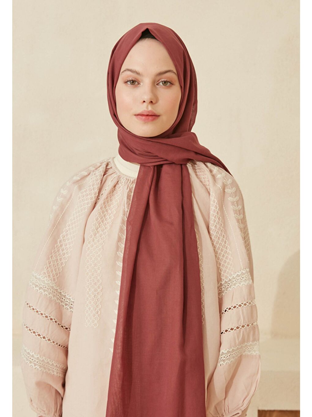 Pembe İnce Pamuk Vual Şal Gül Kurusu-1