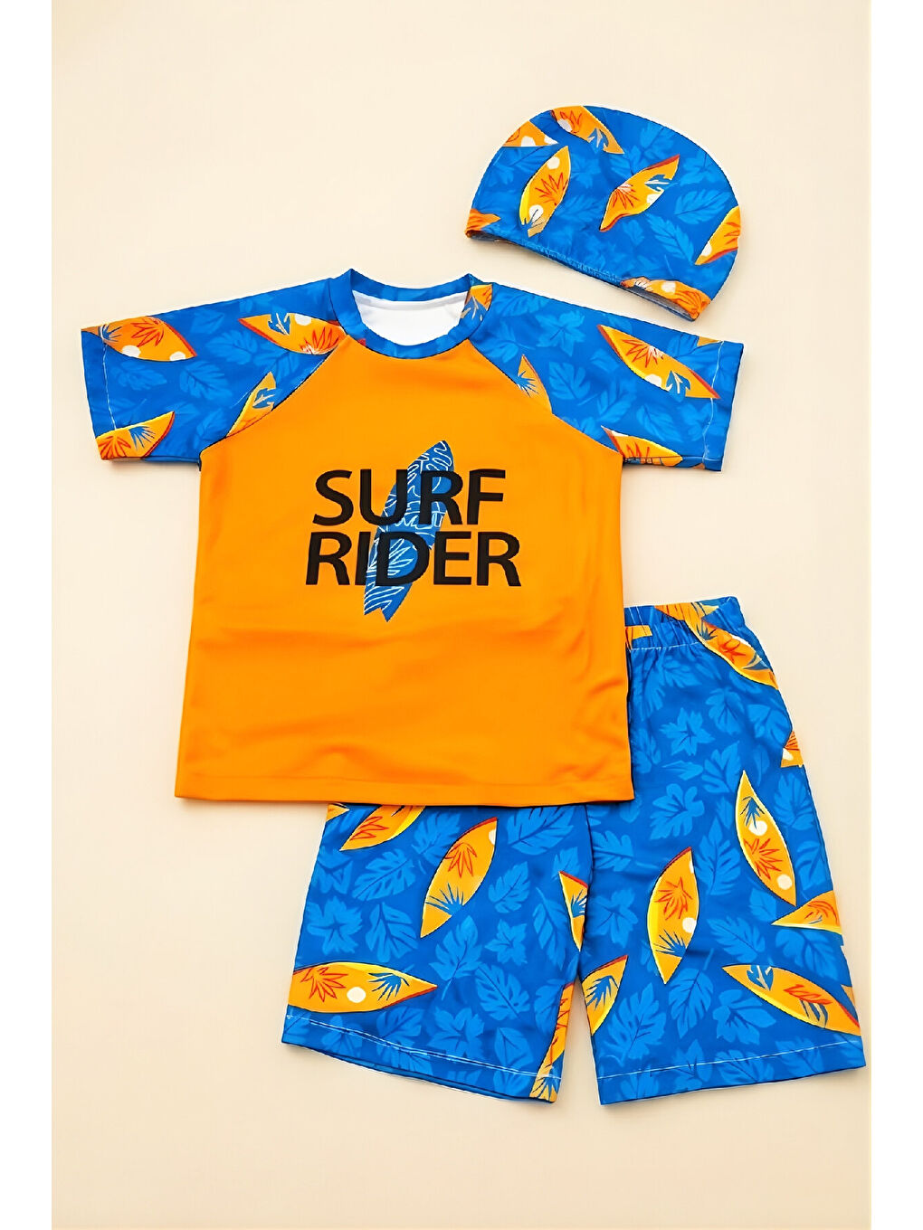 Turuncu Erkek Çocuk 3'lü Mayo Takımı (Şort+Üst Mayo+Bone) 3-12 Yaş 12593B-1