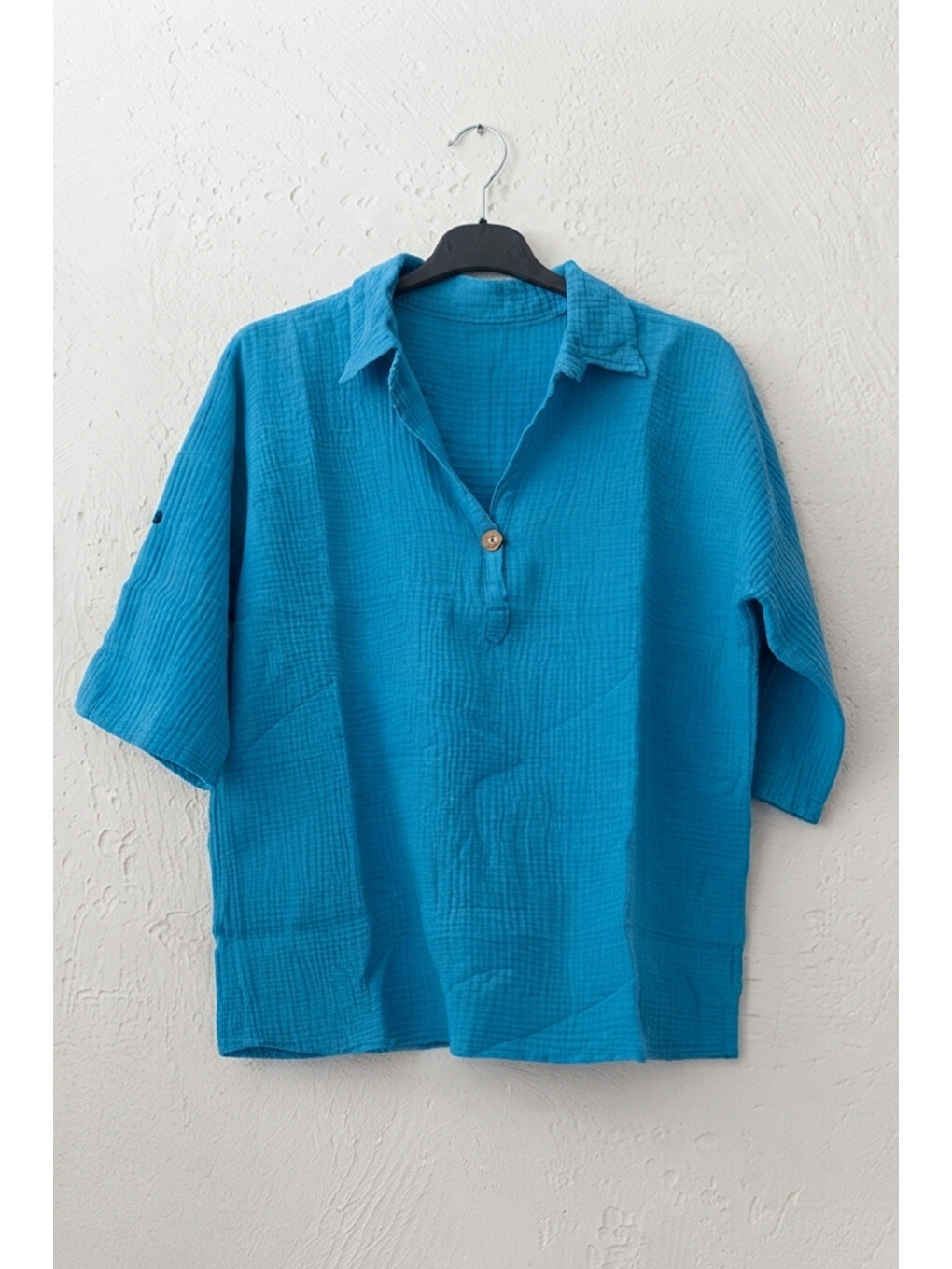 Mavi Gömlek Yaka Düğmeli 3/4 Kol Casual Müslin Oversize Dokuma 67 55-1
