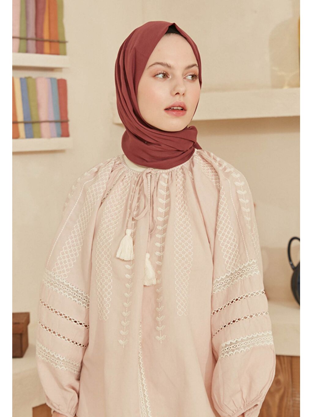 Pembe İnce Pamuk Vual Şal Gül Kurusu-2