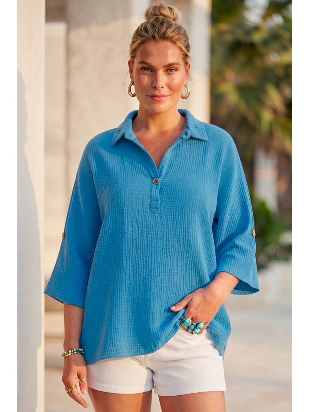 Mavi Gömlek Yaka Düğmeli 3/4 Kol Casual Müslin Oversize Dokuma 67 55-2