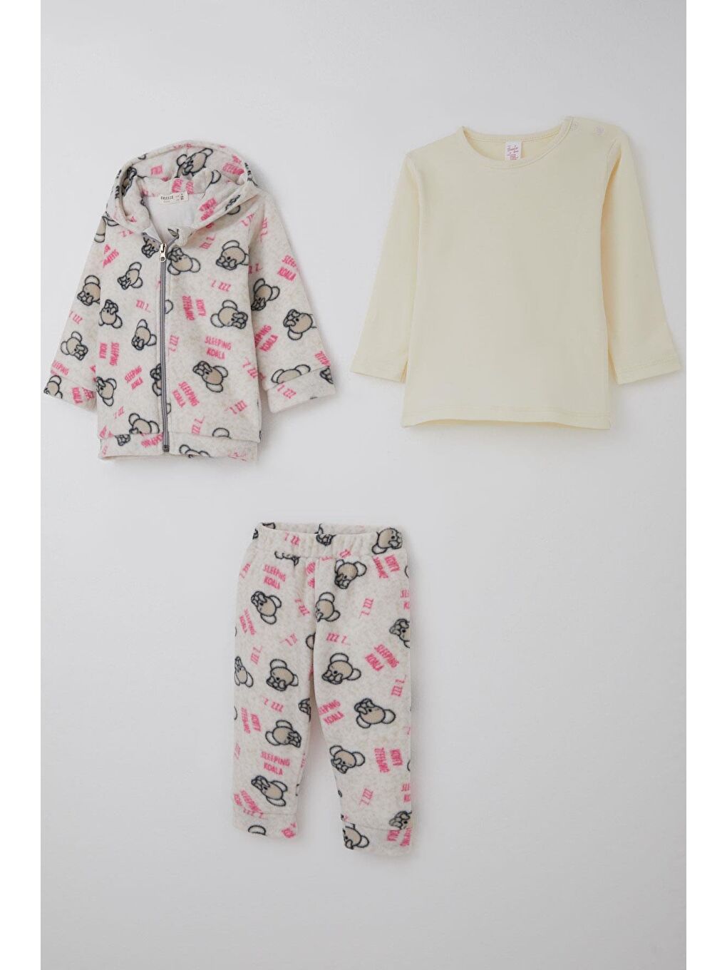 Kız Bebek Polar 3 Lü Bodyli Takım Uykucu Koala Desenli Kapüşonlu Bej Melanj (4 Ay-1 Yaş)-1
