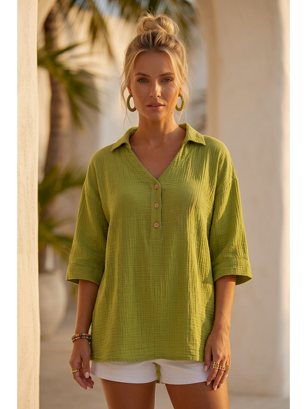 Yeşil Zeytuni Gömlek Yaka Düğmeli 3/4 Kol Casual Müslin Oversize Dokuma 67 67-5