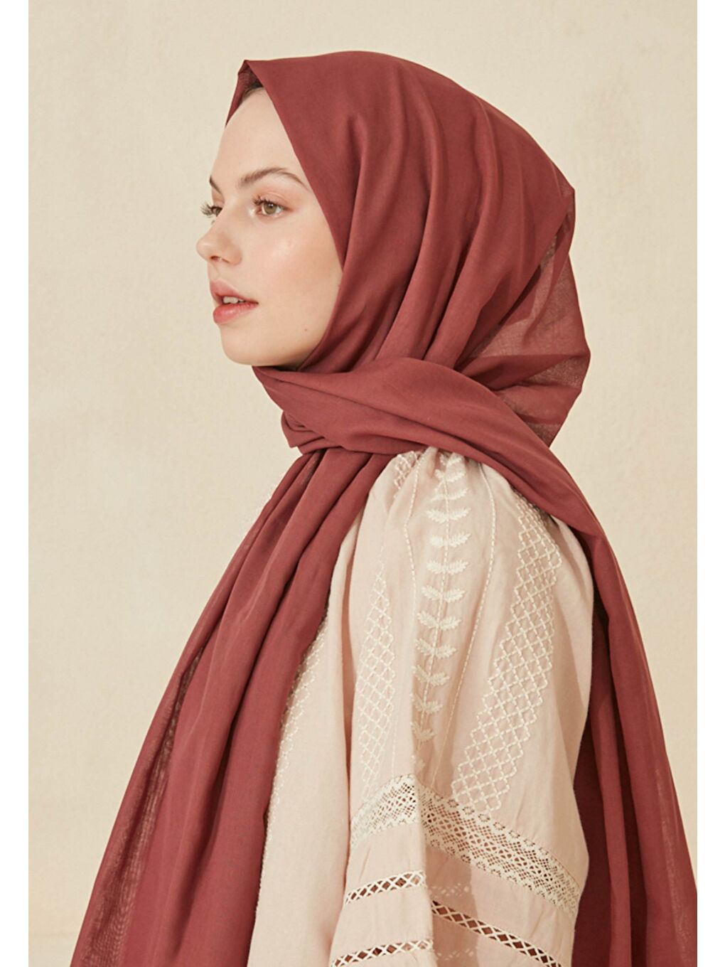 Pembe İnce Pamuk Vual Şal Gül Kurusu-3