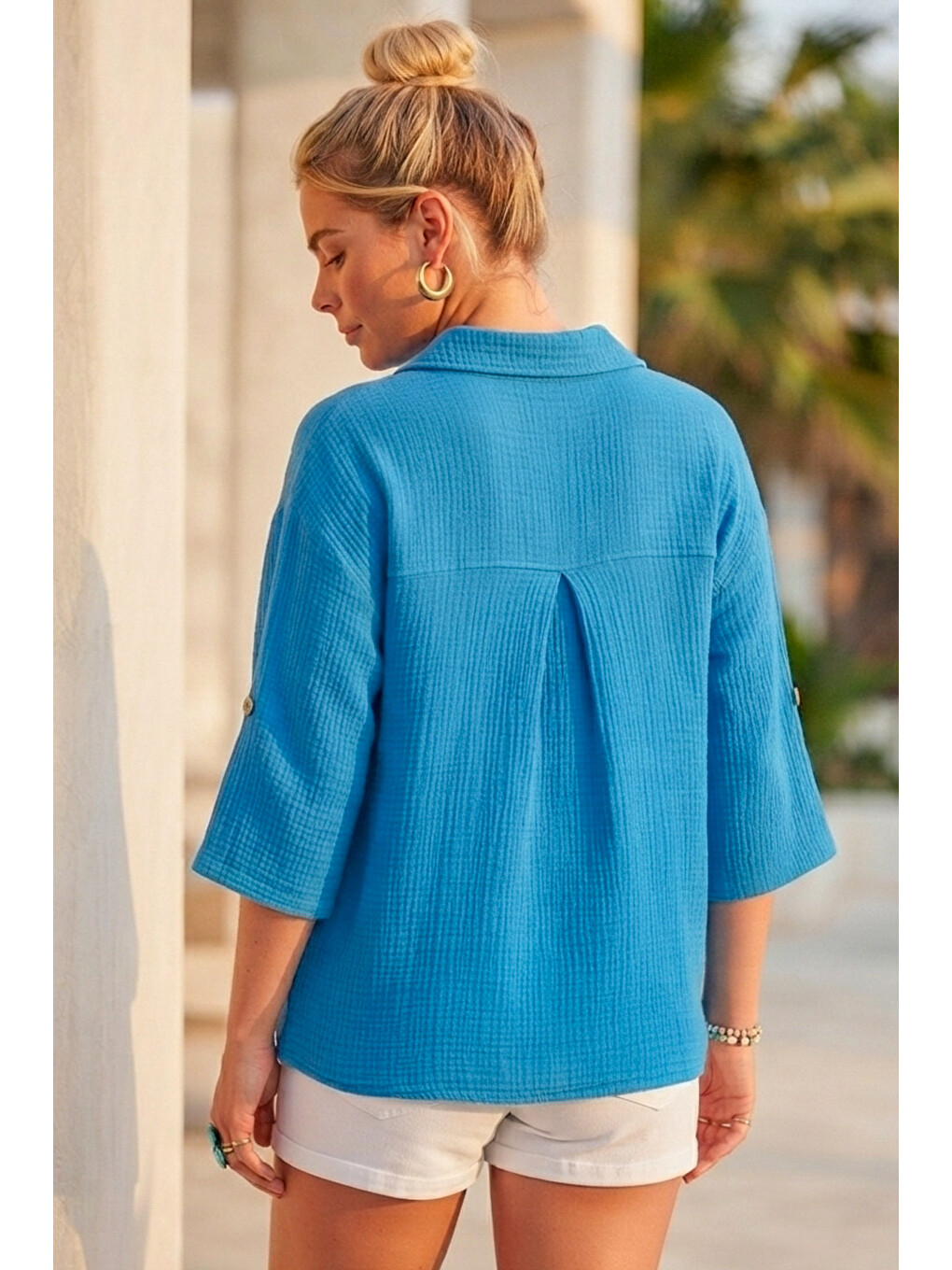 Mavi Gömlek Yaka Düğmeli 3/4 Kol Casual Müslin Oversize Dokuma 67 55-3