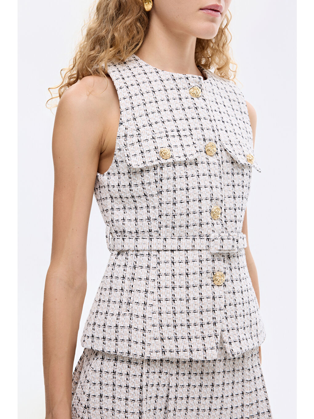 Kemer Detaylı Düğmeli Tüvit Yelek Ceket Bej-2