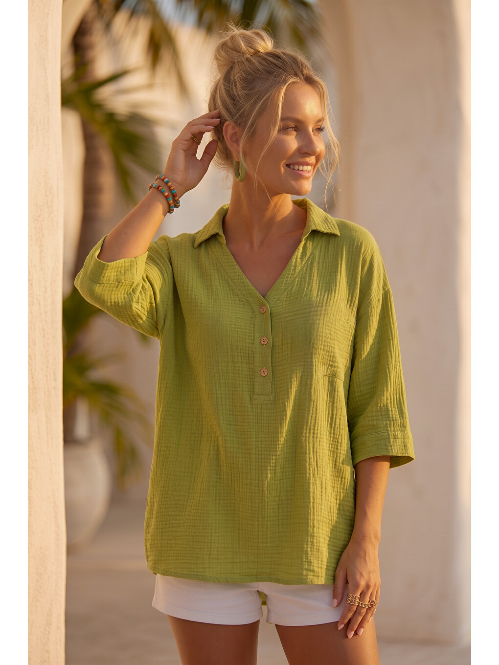 Yeşil Zeytuni Gömlek Yaka Düğmeli 3/4 Kol Casual Müslin Oversize Dokuma 67 67-6