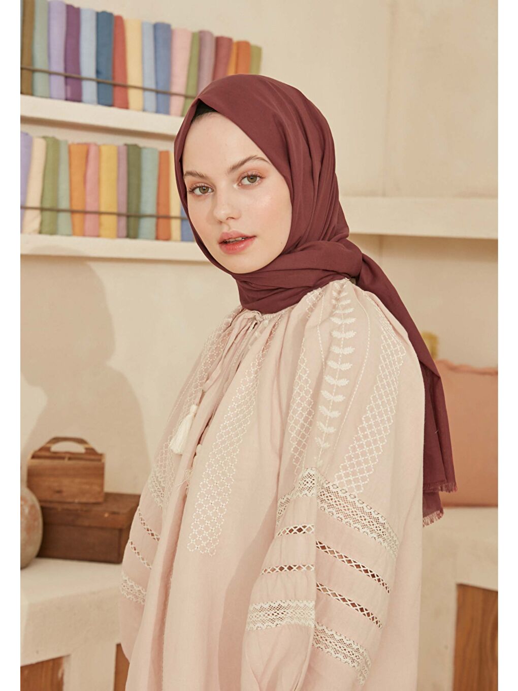 Pembe İnce Pamuk Vual Şal Gül Kurusu-4