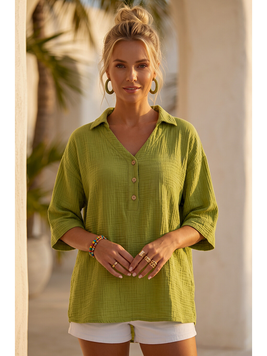 Yeşil Zeytuni Gömlek Yaka Düğmeli 3/4 Kol Casual Müslin Oversize Dokuma 67 67-7